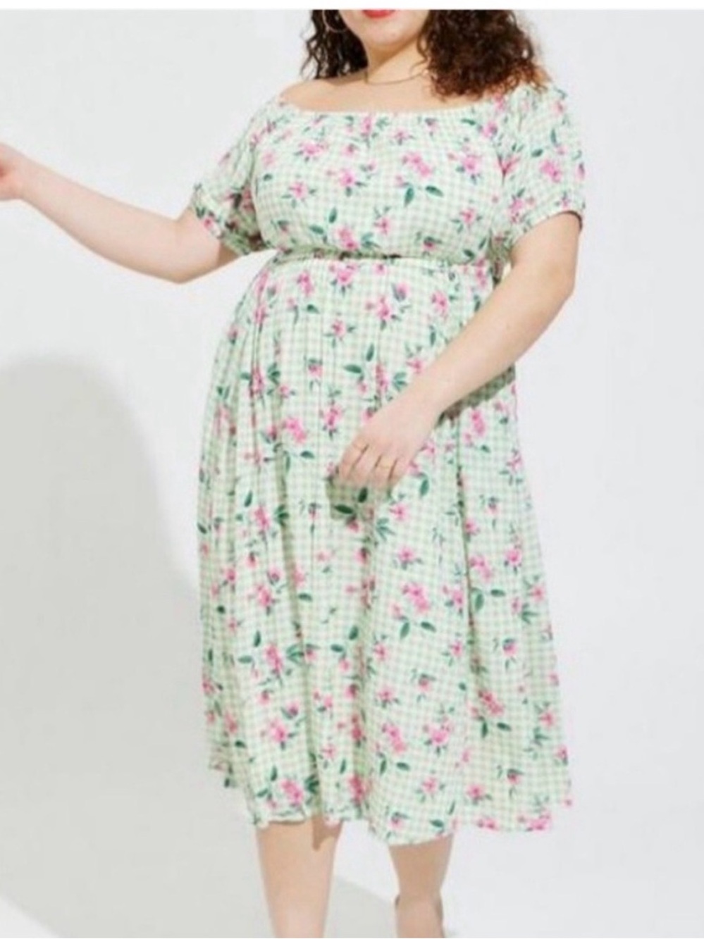 Torrid Retro Chic Mint Pink Gingham Midi Dress with Pink Floral Print 2X
